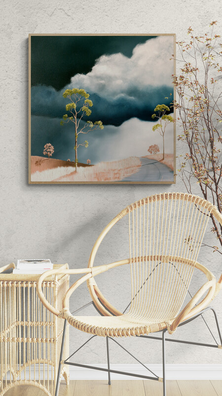 An original Australian landscape painting, square format with an oak floating frame, dark thunderous clouds and iconic Australian gum trees with an outback road, by Lucinda Leveille