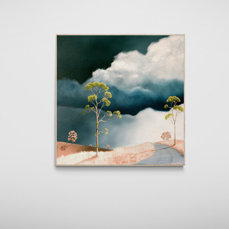 Contemporary Australian landscape painting with solitary tree and moody weather