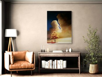 An original oil painting by Lucinda Leveille, in rich golds, a dynamic cloud dominates the sky in the foregroound a single tree in golds and reds stands strong, framed, Gold Coast artist