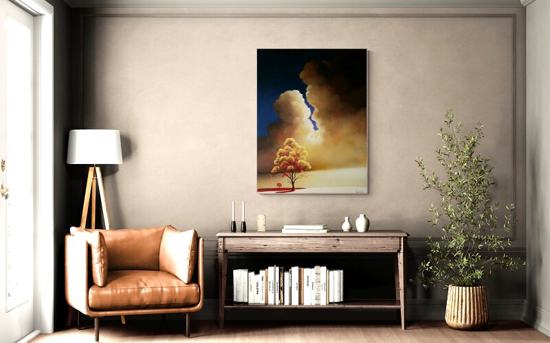 An original oil painting by Lucinda Leveille, in rich golds, a dynamic cloud dominates the sky in the foregroound a single tree in golds and reds stands strong, framed, Gold Coast artist