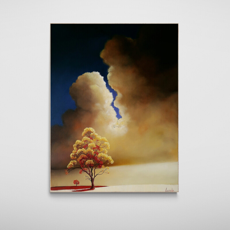 Atmospheric Australian tree landscape painting with open land and dramatic clouds