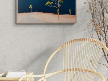 The Dry Road represents the Australian summer dry grass in the country, with a road and sparse trees under a thunderous sky, an original artwork by lucinda Leveille