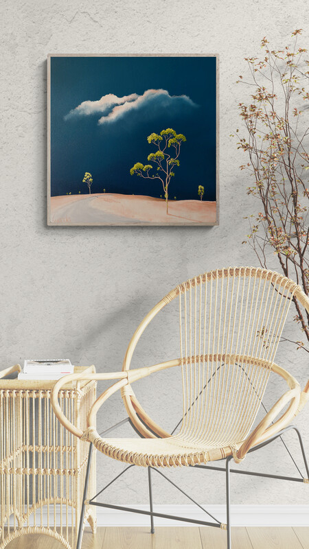 The Dry Road represents the Australian summer dry grass in the country, with a road and sparse trees under a thunderous sky, an original artwork by lucinda Leveille