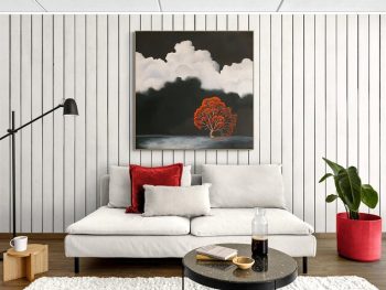 Original oil painting by Australian artist Lucinda Leveille - a luminous red tree against a dramatic storm laden sky, part of her contemporary landscape series