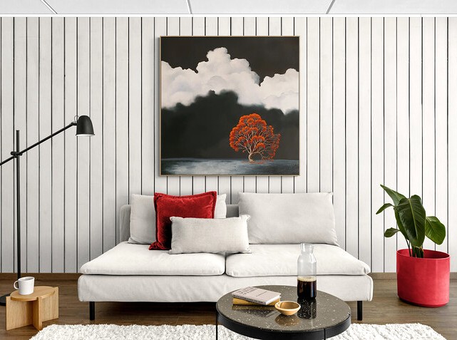 Original oil painting by Australian artist Lucinda Leveille - a luminous red tree against a dramatic storm laden sky, part of her contemporary landscape series