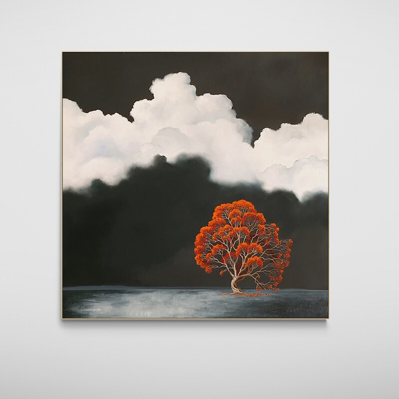 Atmospheric Australian tree landscape painting with open land and dramatic clouds
