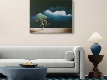 Whispering Horizon by Lucinda Leveille and original oil painting with a dark brooding sky and highlighted clouds above a vast horizontal plain with a single gun tree in the foreground, Lucinda's Studio