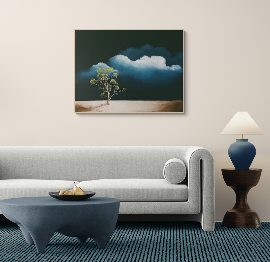 Whispering Horizon by Lucinda Leveille and original oil painting with a dark brooding sky and highlighted clouds above a vast horizontal plain with a single gun tree in the foreground, Lucinda's Studio