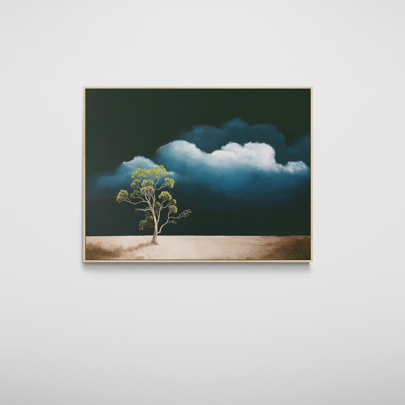 Atmospheric Australian tree landscape painting with open land and dramatic clouds