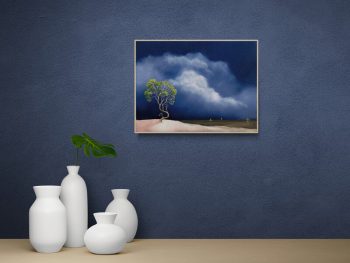 A small 30 × 40 cm oil painting of a soft, hazy landscape under a pale, cloud-laden sky. Light diffuses across distant hills, and the foreground is muted and atmospheric, with no strong horizon line. The scene feels quiet and still, capturing a gentle shift in weather and light. An original Australian landscape painting from Lucinda Leveille
