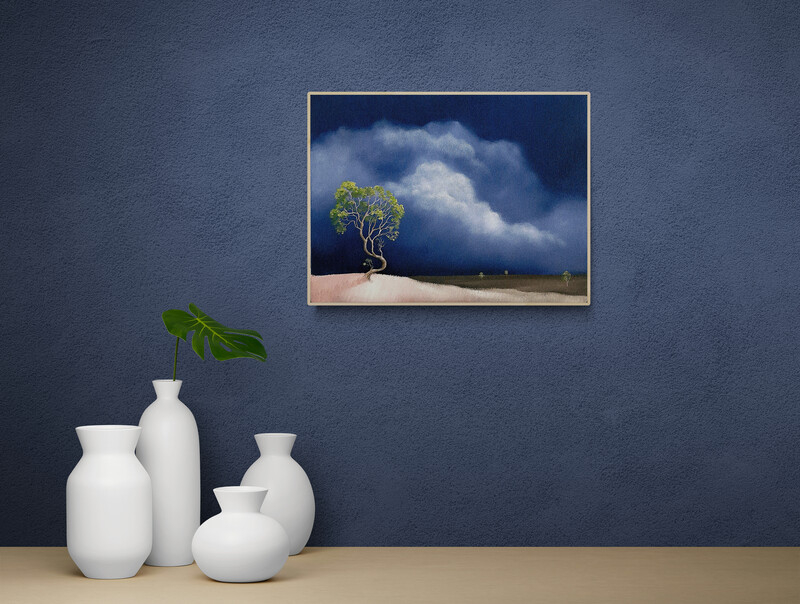 A small 30 × 40 cm oil painting of a soft, hazy landscape under a pale, cloud-laden sky. Light diffuses across distant hills, and the foreground is muted and atmospheric, with no strong horizon line. The scene feels quiet and still, capturing a gentle shift in weather and light. An original Australian landscape painting from Lucinda Leveille