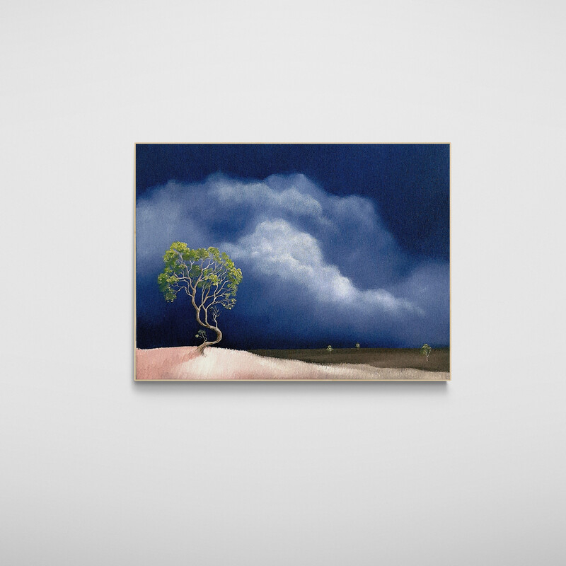 Contemporary Australian landscape painting with solitary tree and moody weather