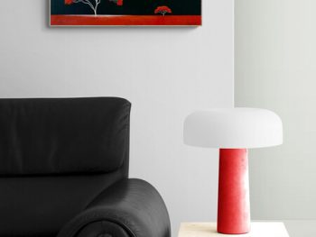 Lucinda Leveille original oil painting of the Savanna with a red acacia tree as the focal point, surrounded by dark blue inky sky, across a red highlighted plain, framed in oak, from the Savanna Series