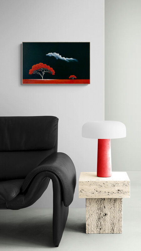 Lucinda Leveille original oil painting of the Savanna with a red acacia tree as the focal point, surrounded by dark blue inky sky, across a red highlighted plain, framed in oak, from the Savanna Series