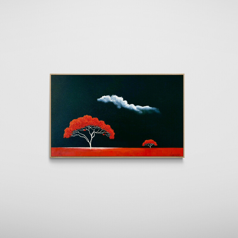 Atmospheric savanna landscape painting with a red tree, open land and moody sky