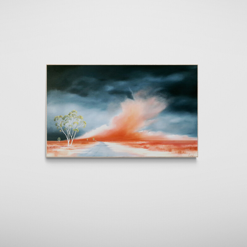 Atmospheric Australian tree landscape painting with open land and dramatic clouds