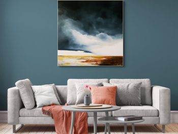 Original Australian landscape oil painting by Lucinda Leveille featuring a solitary tree with pale blue foliage beneath a deep teal sky, soft light breaking through clouds over a minimal horizon, framed in a natural oak floating frame.