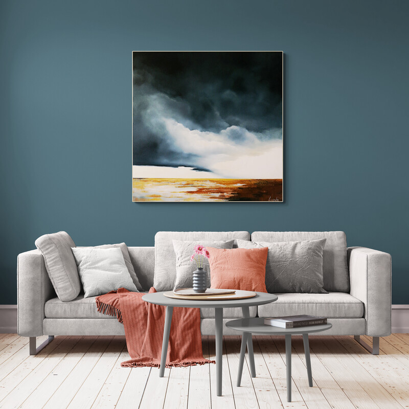 Original Australian landscape oil painting by Lucinda Leveille featuring a solitary tree with pale blue foliage beneath a deep teal sky, soft light breaking through clouds over a minimal horizon, framed in a natural oak floating frame.