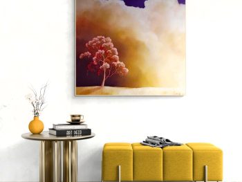 Original Australian atmospheric landscape oil painting featuring a dramatic sky with soft light breaking through layered clouds and featuring gum trees