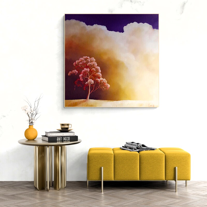 Original Australian atmospheric landscape oil painting featuring a dramatic sky with soft light breaking through layered clouds and featuring gum trees