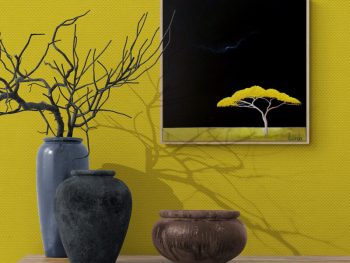 Atmospheric landscape painting with golden trees and dark storm sky by Australian artist Lucinda Leveille
