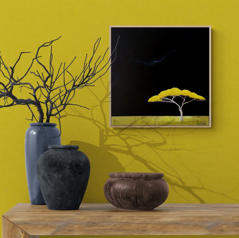 Atmospheric landscape painting with golden trees and dark storm sky by Australian artist Lucinda Leveille