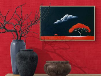 Atmospheric landscape painting with golden trees and dark storm sky by Australian artist Lucinda Leveille