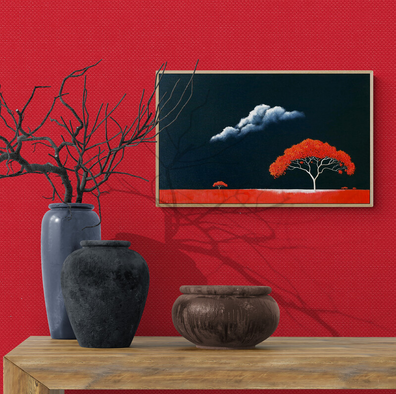Atmospheric landscape painting with golden trees and dark storm sky by Australian artist Lucinda Leveille