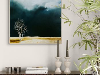 A square 60 x 60 cm,An atmospheric Australian landscape painting exploring stillness, distance and weather through a restrained palette.