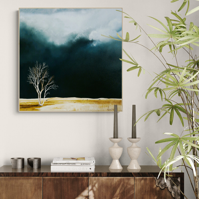 A square 60 x 60 cm,An atmospheric Australian landscape painting exploring stillness, distance and weather through a restrained palette.