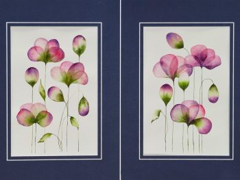Abstract botanical watercolour artwork on paper featuring layered, translucent petal-like forms arranged in a horizontal composition, matted and ready to frame. Orginals from Lucinda's Studio