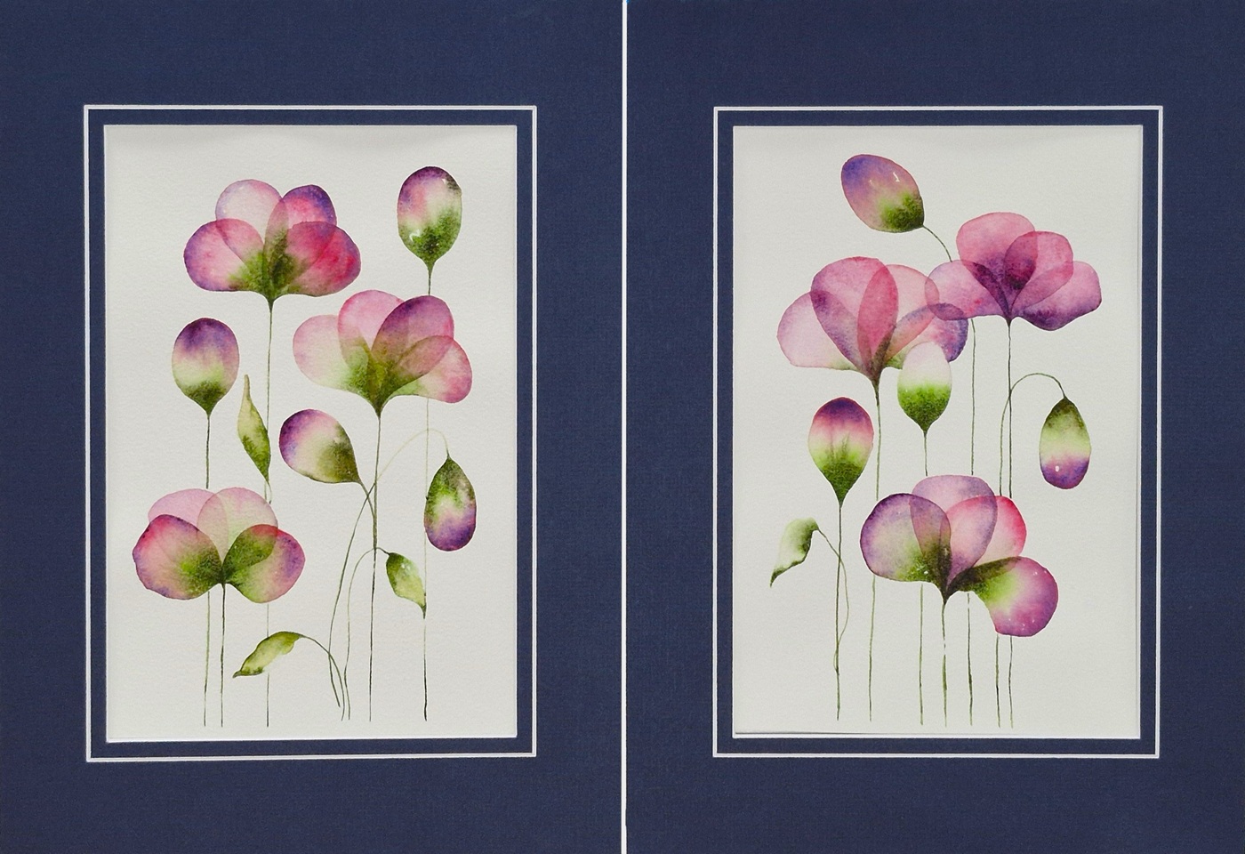 Abstract botanical watercolour artwork on paper featuring layered, translucent petal-like forms arranged in a horizontal composition, matted and ready to frame. Orginals from Lucinda's Studio
