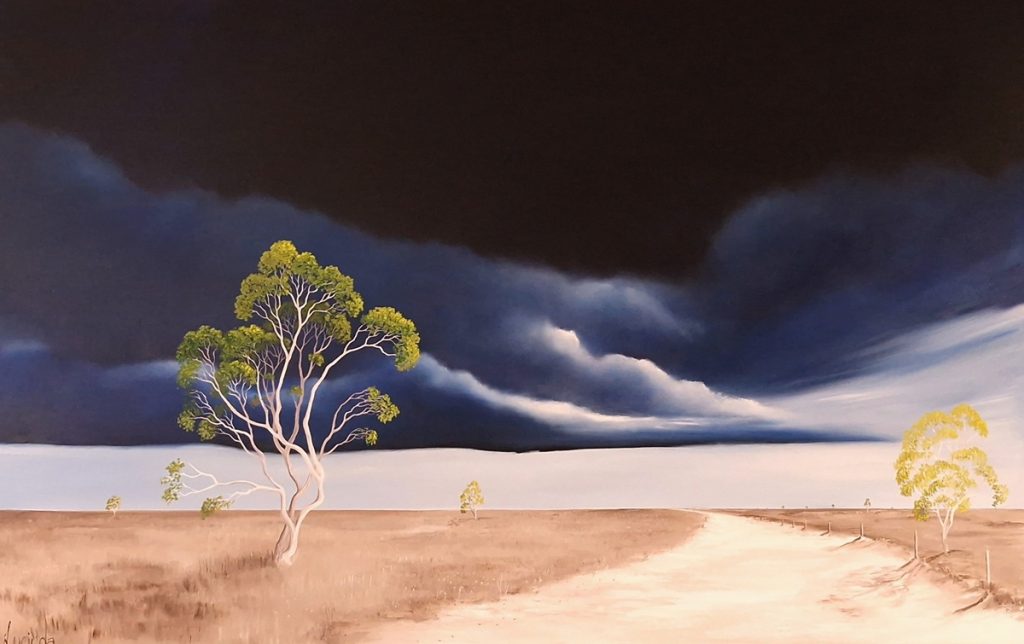 landscape paintng of clouds, trees, road disappearing into the distance, original artwork by Lucinda Leveille