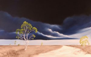 landscape paintng of clouds, trees, road disappearing into the distance, original artwork by Lucinda Leveille