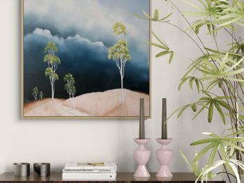 Original Australian atmospheric landscape oil painting featuring a dramatic sky with soft light breaking through layered clouds