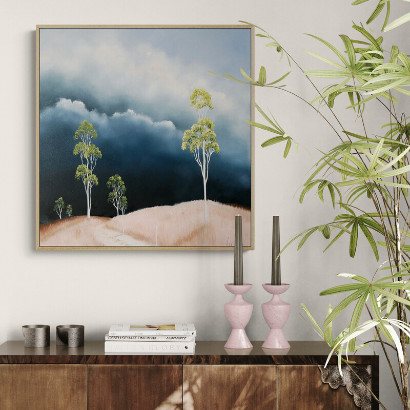 Original Australian atmospheric landscape oil painting featuring a dramatic sky with soft light breaking through layered clouds