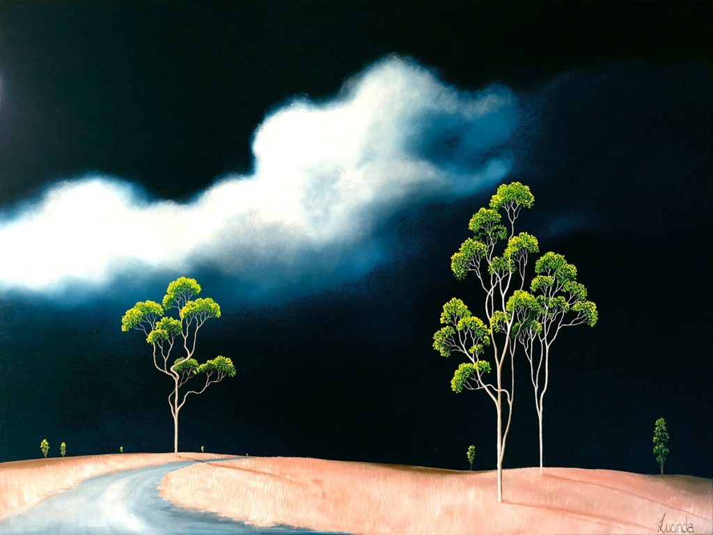 landscape paintng of clouds, trees, road disappearing into the distance, original artwork by Lucinda Leveille