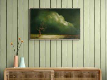 Oil painting of a solitary twisted tree standing in a shallow, muted landscape beneath a heavy green storm cloud, with soft light breaking through the sky and a sense of stillness and quiet tension before rain. Lucinda Leveille, original oil painting