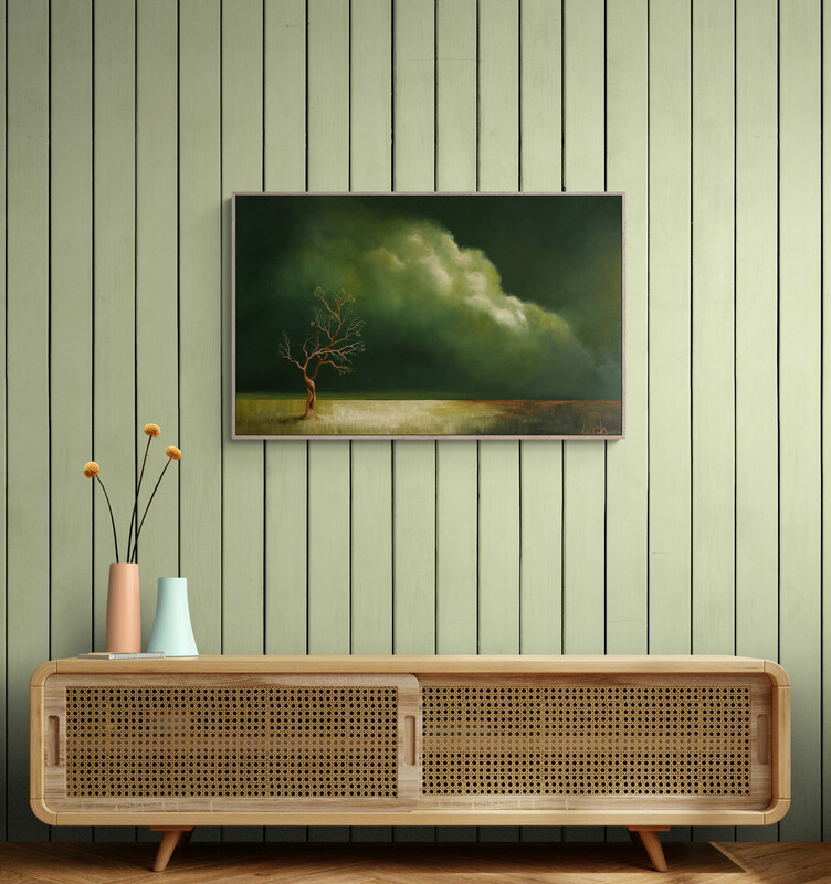 Oil painting of a solitary twisted tree standing in a shallow, muted landscape beneath a heavy green storm cloud, with soft light breaking through the sky and a sense of stillness and quiet tension before rain. Lucinda Leveille, original oil painting