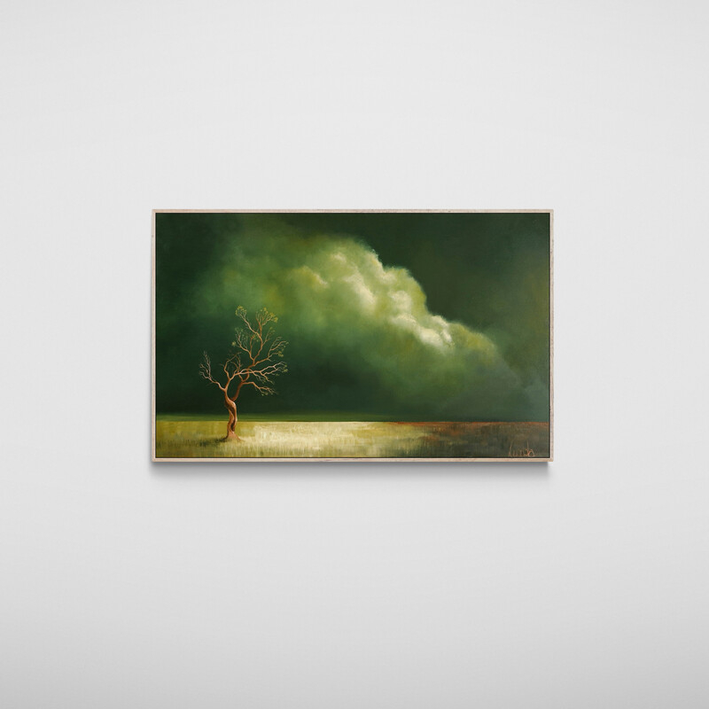 Atmospheric Australian tree landscape painting with open land and dramatic clouds