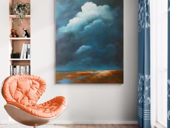 Large oil painting of a dramatic storm cloud mass over a flat landscape. Soft light breaks across wet ground while pale highlights glow through the upper clouds. The scene feels calm after heavy weather, original oil painting, statement art, Lucinda Leveille