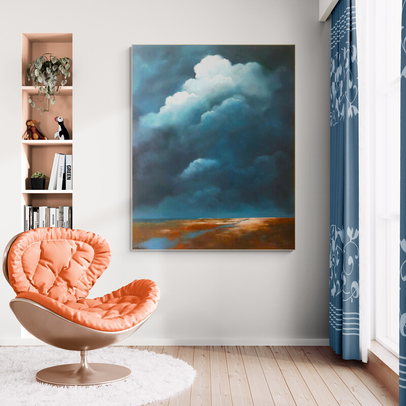 Large oil painting of a dramatic storm cloud mass over a flat landscape. Soft light breaks across wet ground while pale highlights glow through the upper clouds. The scene feels calm after heavy weather, original oil painting, statement art, Lucinda Leveille