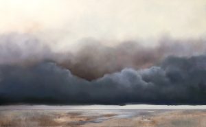 Original oil landscape painting showing a wide, quiet plain beneath a soft, muted sky. Subtle grey and violet and brown tones stretch across a distant horizon, creating a sense of stillness, space, and calm after weather has passed. Lucinda's Studio