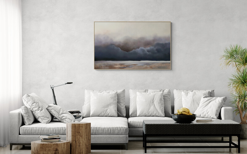 Original oil landscape painting showing a wide, quiet plain beneath a soft, muted sky. Subtle grey and violet and brown tones stretch across a distant horizon, creating a sense of stillness, space, and calm after weather has passed. Lucinda's Studio