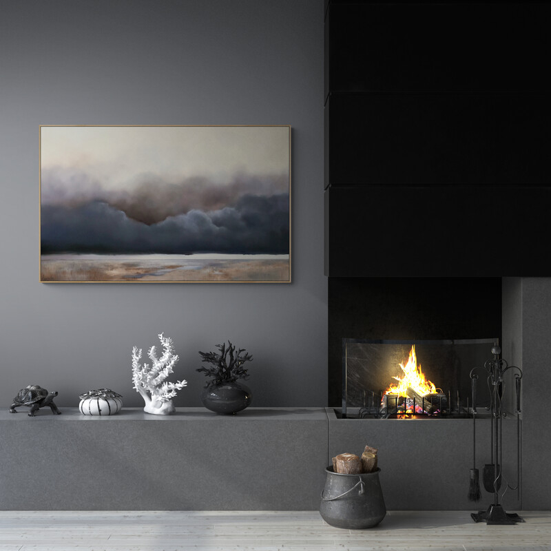 Original Australian atmospheric landscape oil painting featuring a dramatic sky with soft light breaking through layered clouds