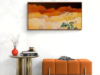 Original Australian atmospheric landscape oil painting featuring a dramatic sky with soft light breaking through layered clouds and featuring gum trees