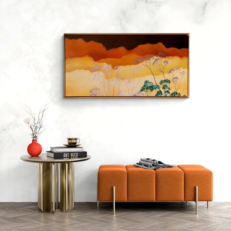 Original Australian atmospheric landscape oil painting featuring a dramatic sky with soft light breaking through layered clouds and featuring gum trees