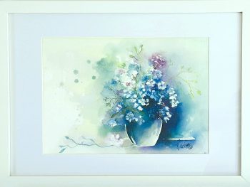 Blue calm watercolour on paper featuring a soft blue and white floral arrangement, presented in a simple ready to hang frame by Lucinda Leveille