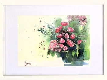 Gathered blooms watercolour on paper featuring pink and red flowers in a loose floral arrangement, presented in a simple ready to hang frame