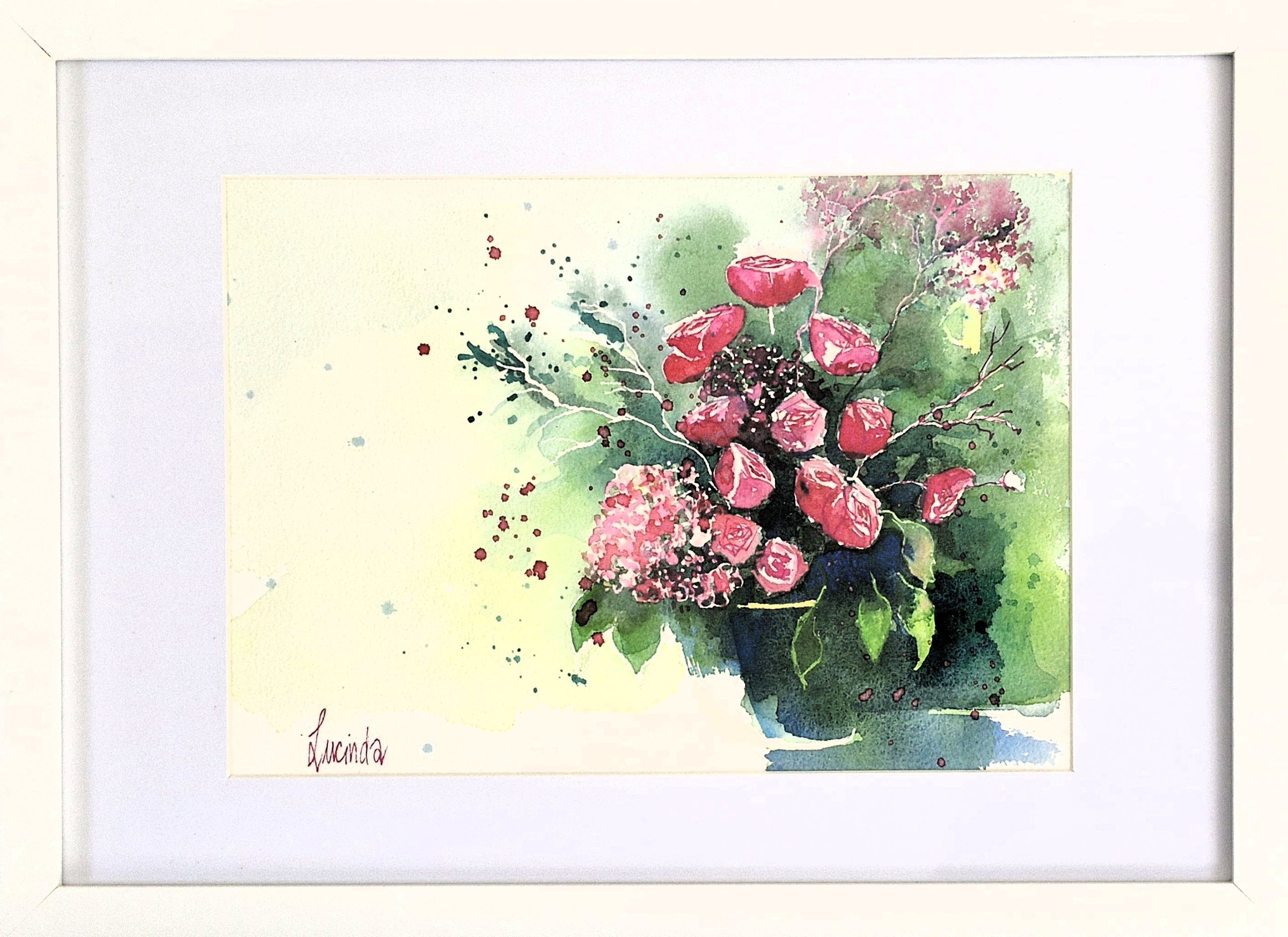 Gathered blooms watercolour on paper featuring pink and red flowers in a loose floral arrangement, presented in a simple ready to hang frame